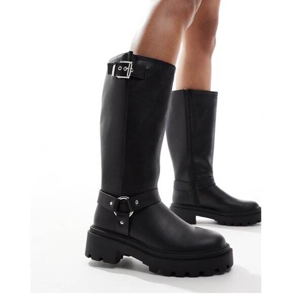 ASOS New Look, Extra Calf Fit Black Vegan Leather Knee-High Biker Boots - Picture 10 of 12